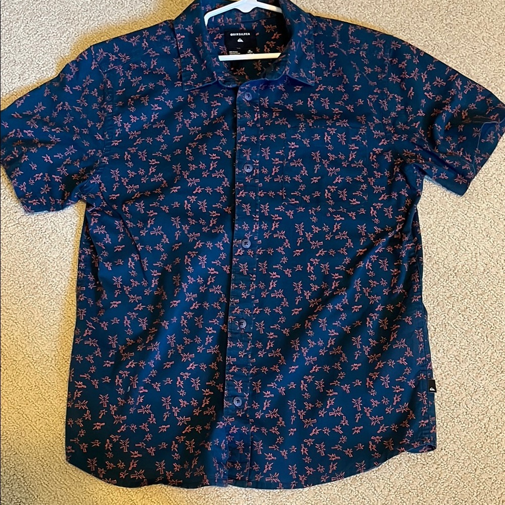 Used Quiksilver Navy Blue Casual Button Down Shirt with palm tree Print